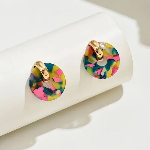 “Charlie” Color Pop Round Acrylic Earrings – Gold Stud Fluorescent Style - Picture 1 of 2